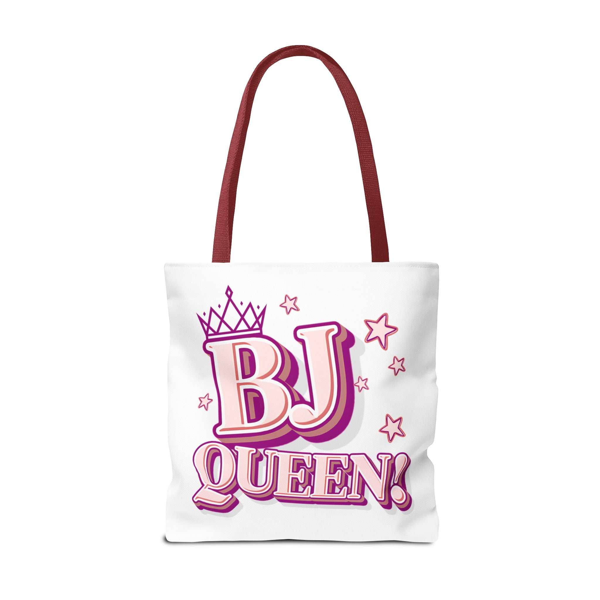 Cheeky BJ Queen Tote Bag with colorful handles, durable spun polyester, available in three sizes for everyday use