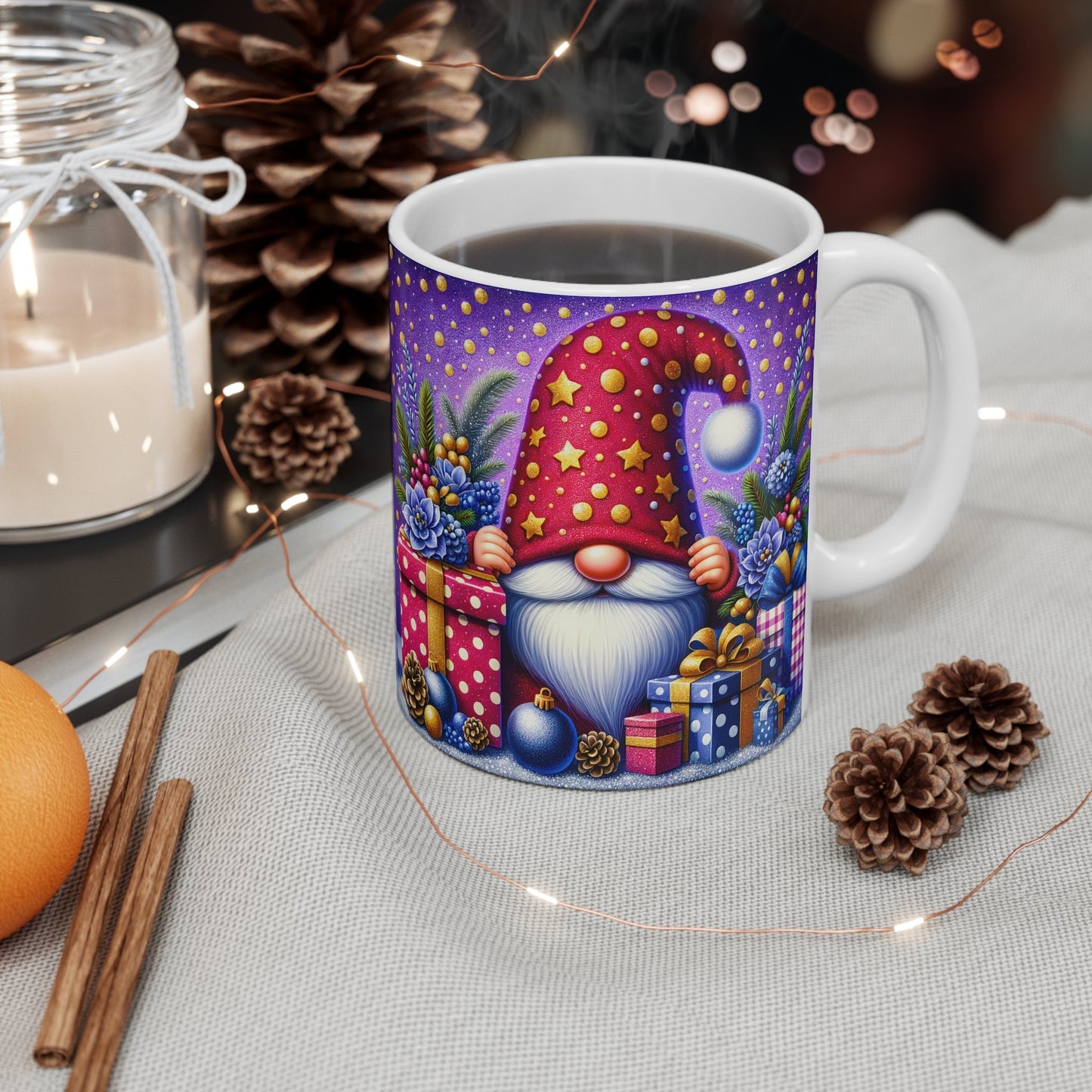 Christmas gnome mug with festive design and glossy finish, perfect for holiday drinks.