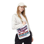 Menopause in Progress tote bag with cheeky design, durable spun polyester, multiple sizes and handle colors