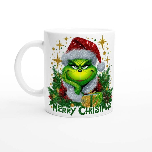 Grinch Merry Christmas Mug with festive design, 11oz ceramic, glossy finish.