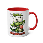 Family Coffee Mug with quirky crocodile design, available in 7 colors, 11oz ceramic, glossy finish, microwave and dishwasher safe.