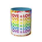 LGBTQ+ Pride mug with rainbow design and "Love is Love" text, ceramic, glossy finish, 11oz capacity.