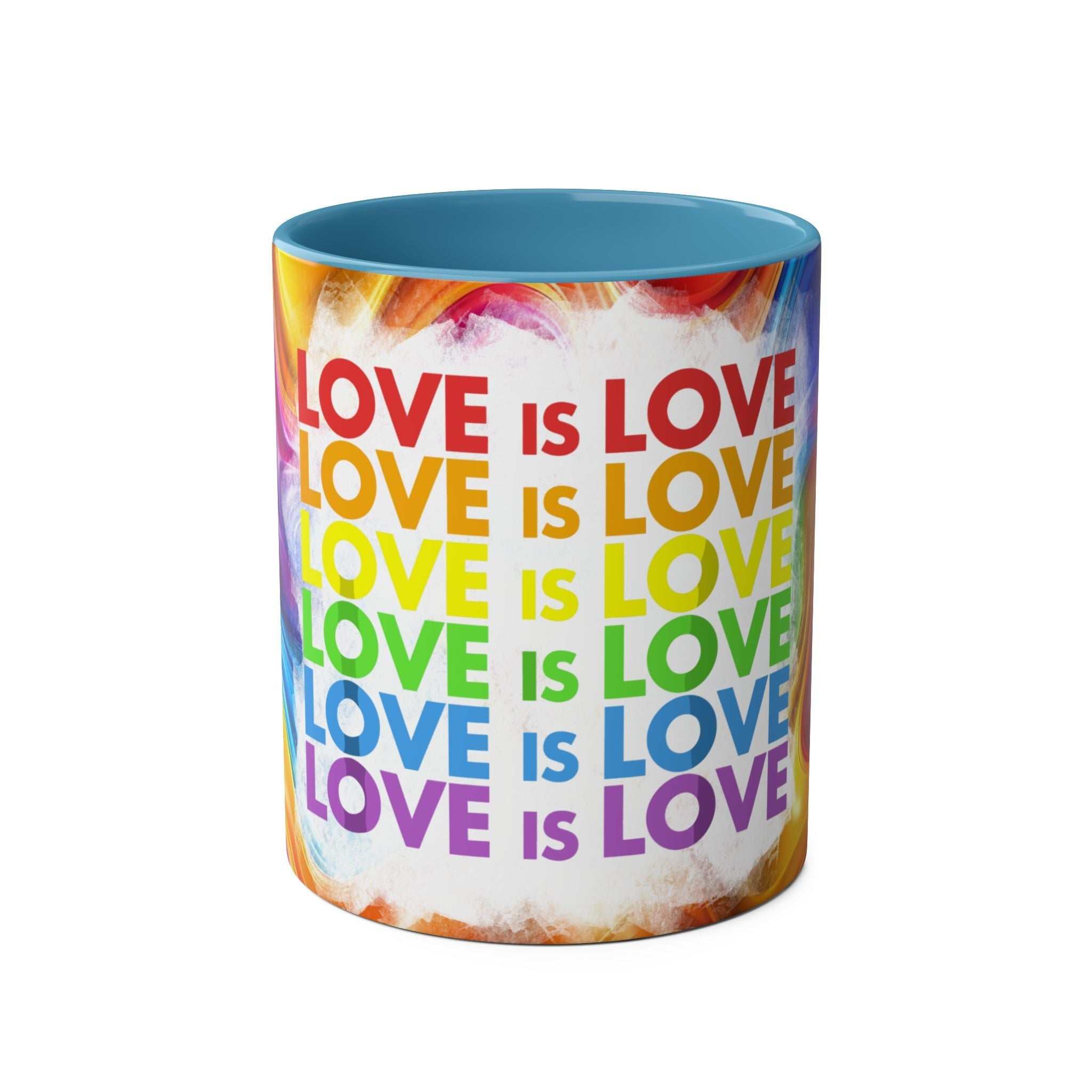 LGBTQ+ Pride mug with vibrant rainbow design and "Love is Love" text.