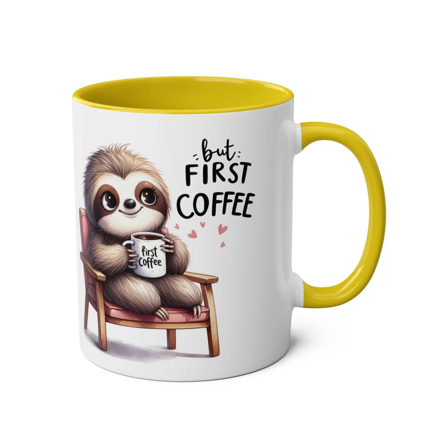 Cute sloth coffee mug with yellow handle, featuring a sloth and "But First Coffee" text.