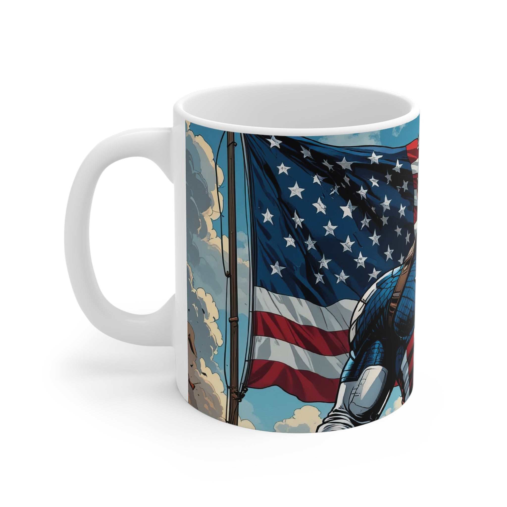 Captain America patriotic ceramic mug with Marvel-themed design and American flag illustration