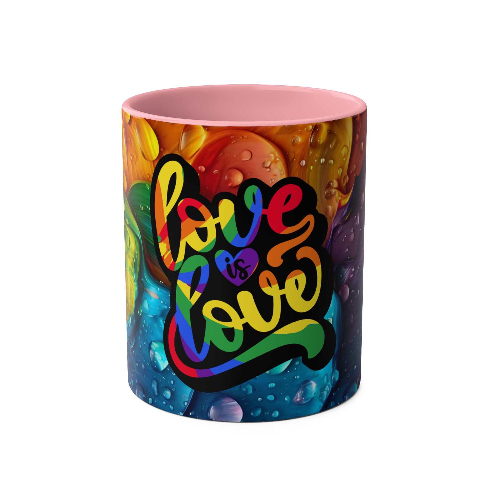 LGBTQ+ Pride mug with vibrant rainbow design and "Love is Love" text.