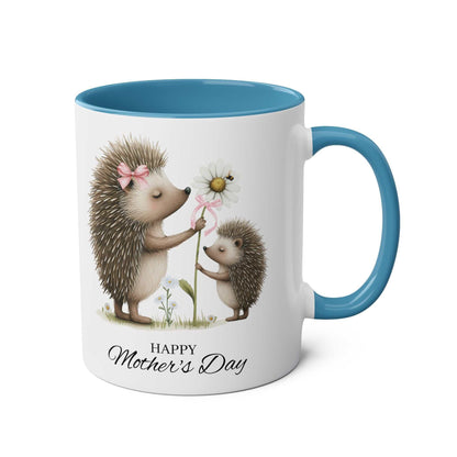 Cute hedgehog Mother's Day mug with adorable design and colorful handle.