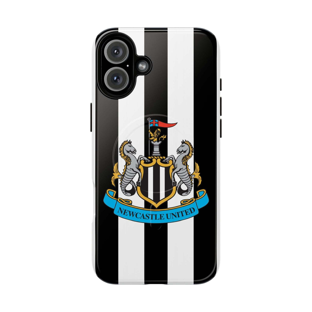 Newcastle United MagSafe iPhone case with black and white stripes and club crest, durable dual-layer protection, and wireless charging compatible
