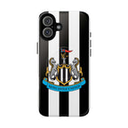 Newcastle United MagSafe iPhone case with black and white stripes and club crest, durable dual-layer protection, and wireless charging compatible