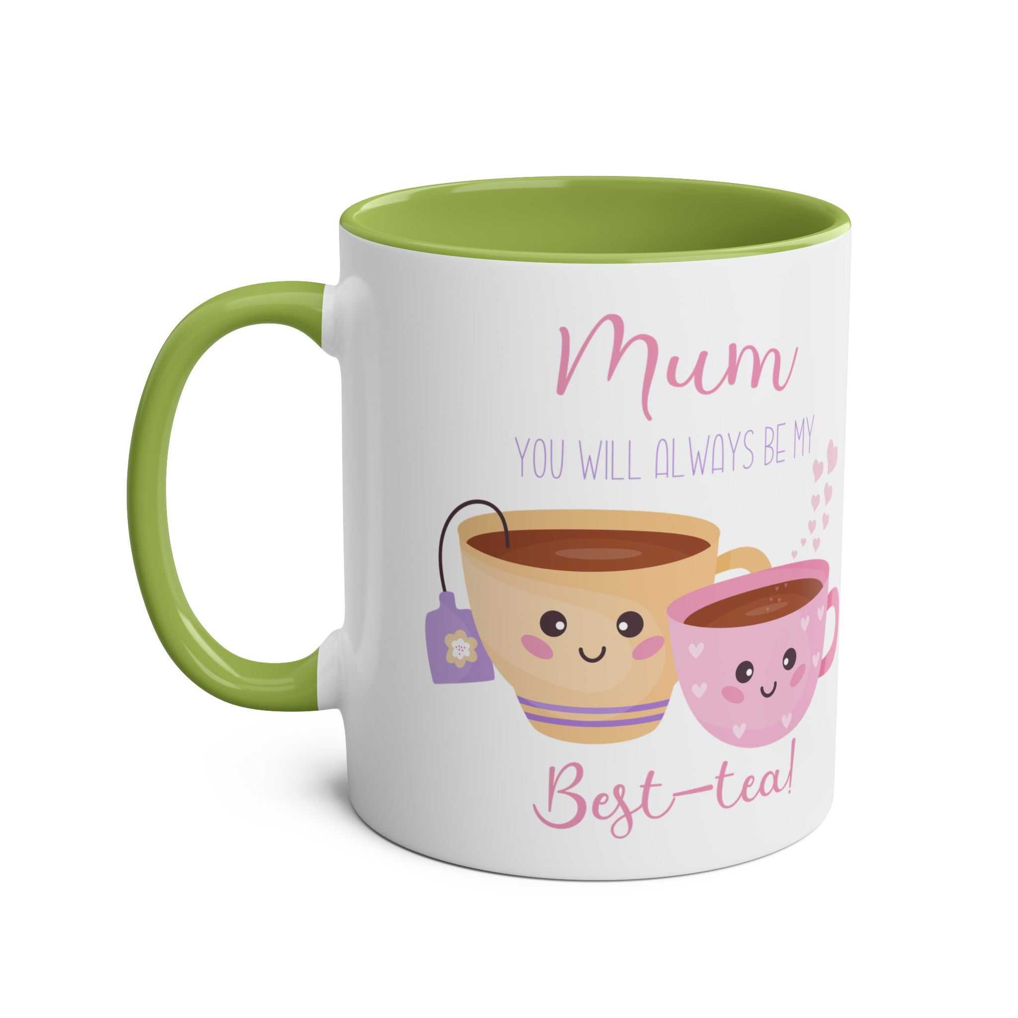 Mothers Day mug gift with cute tea cup designs and "Mum You Will Always Be My Best-tea" text.