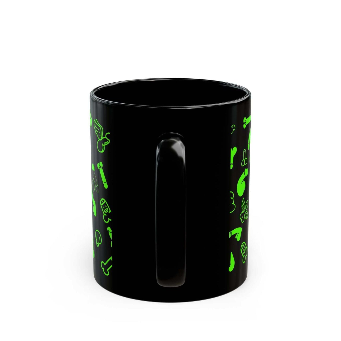 Black ceramic mug with playful green willy print, cheeky fun design.