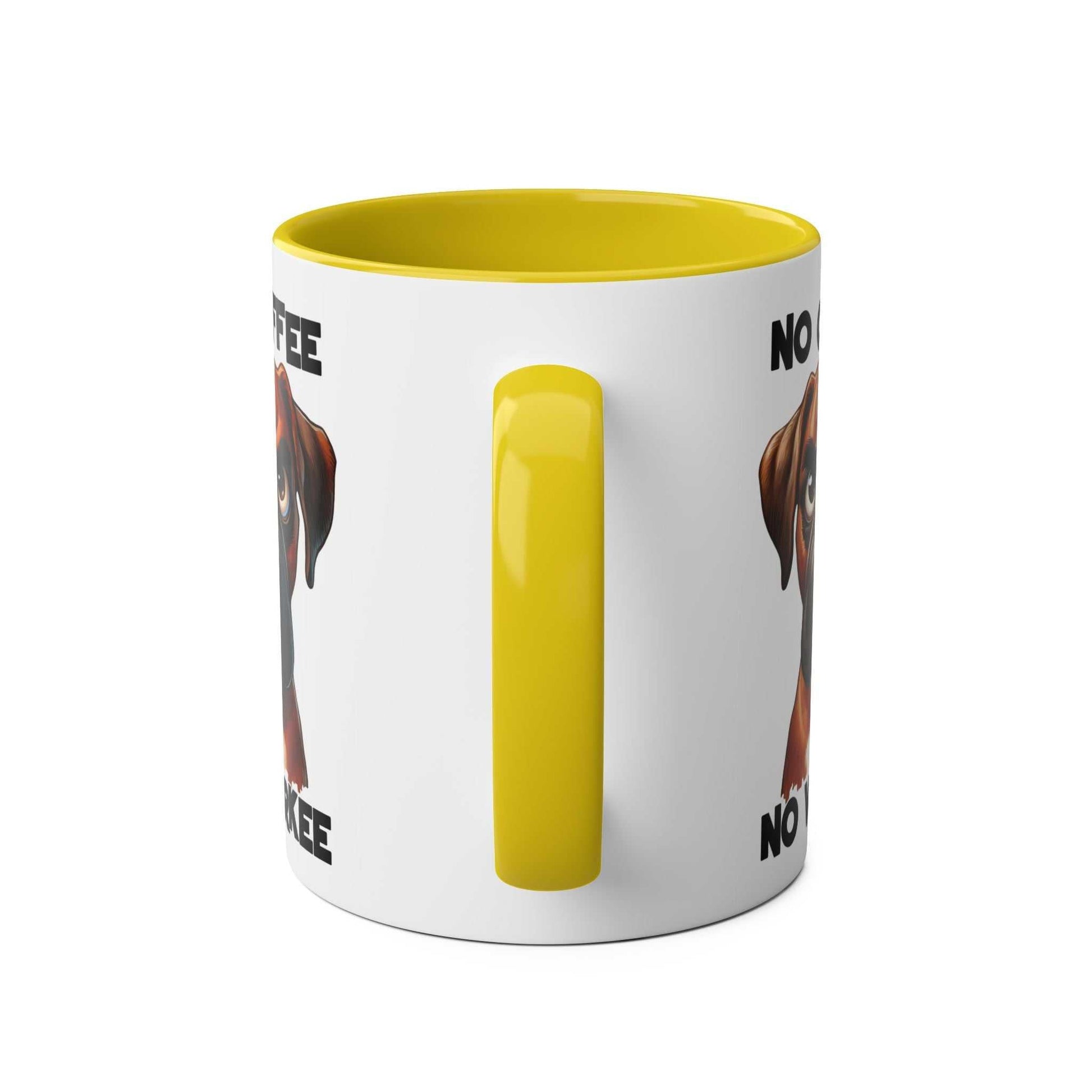 No Coffee No Workee Mug with sarky dog design and yellow handle.