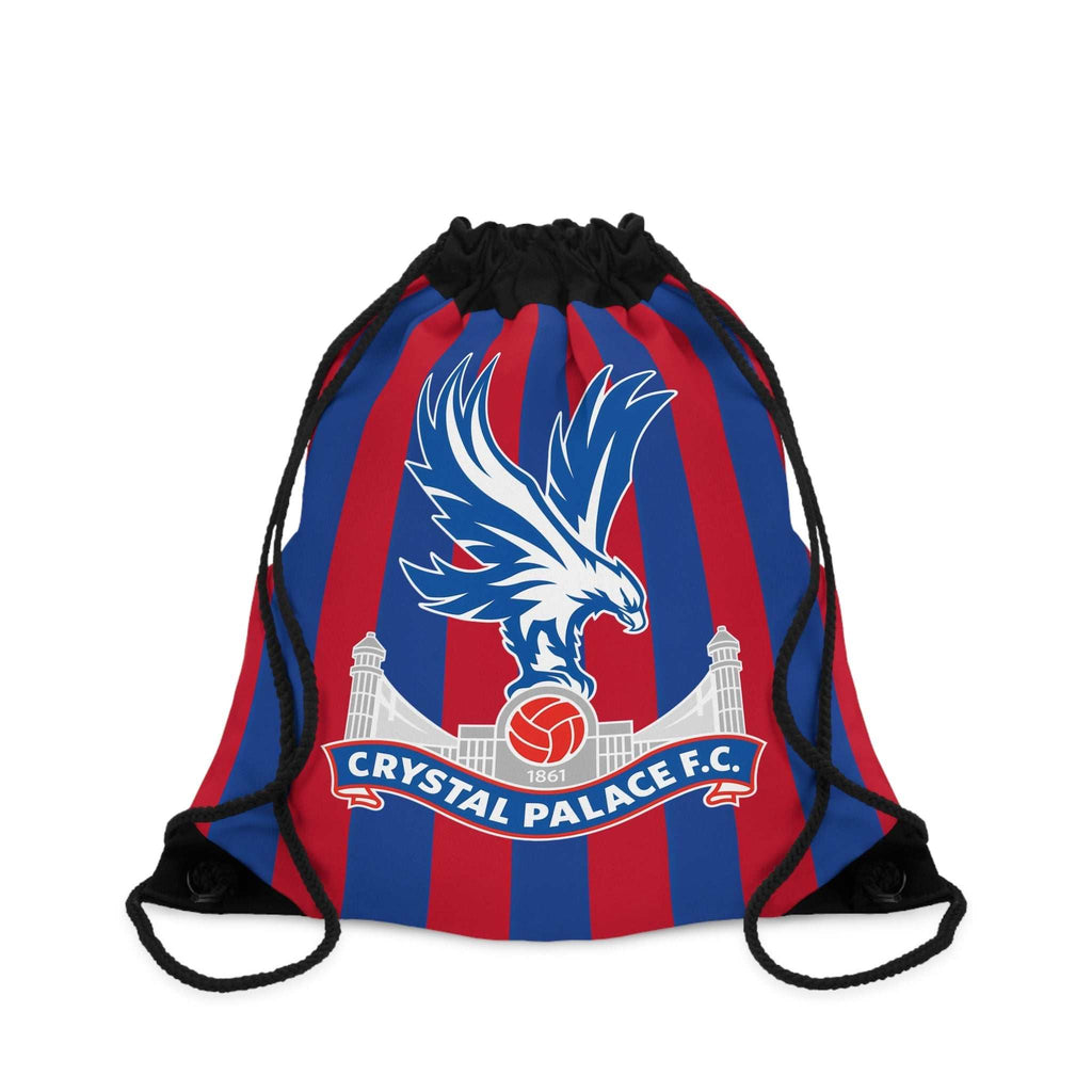 Crystal Palace FC drawstring bag in red and blue with eagle crest, lightweight polyester, durable and roomy for sports or casual use
