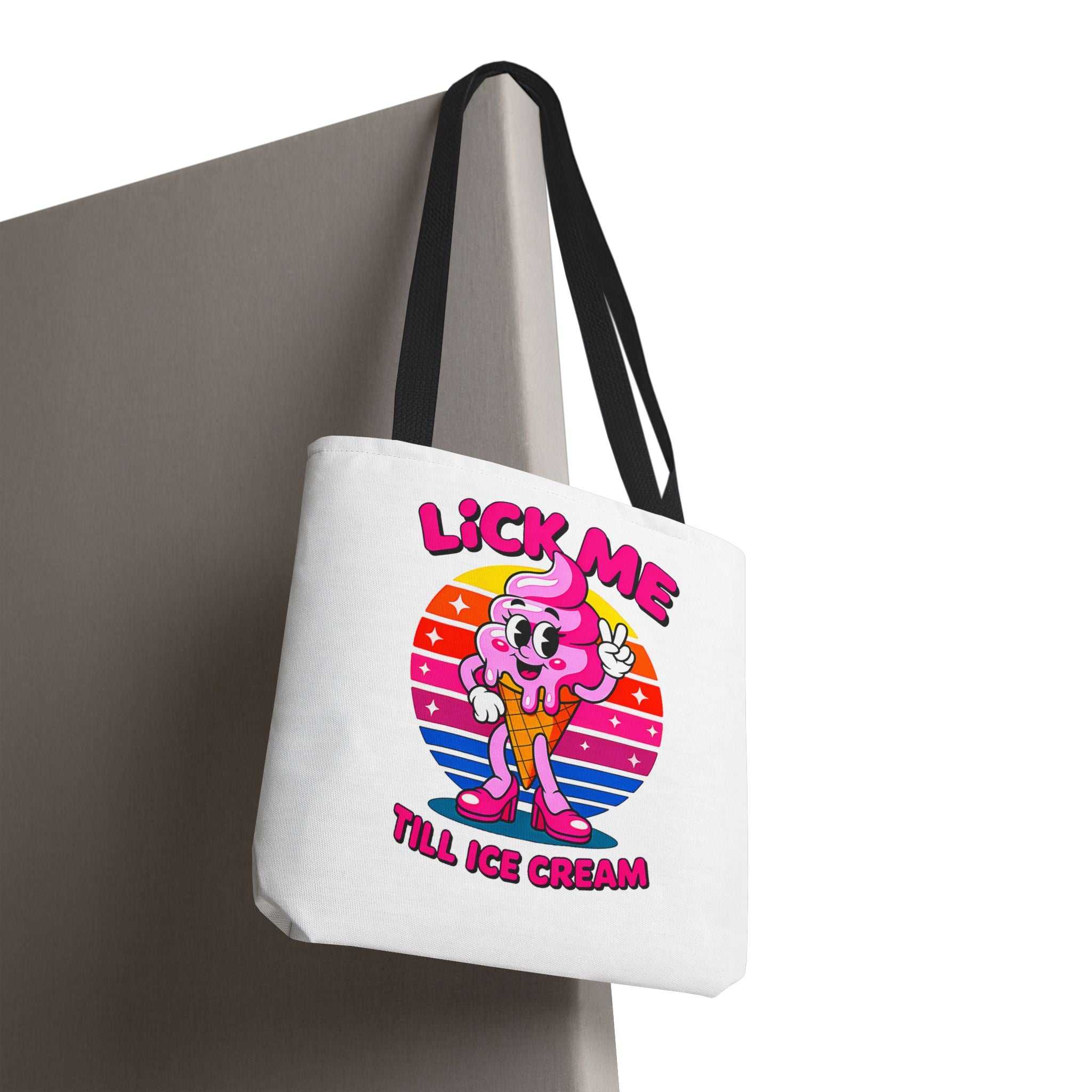 Cheeky Lick Me Till Ice Cream Tote Bag with durable spun polyester and multiple handle color options, perfect for casual outings and errands
