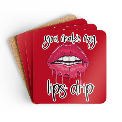Playful "You Make My Lips Drip" coaster set with vibrant red design and cheeky lips illustration.