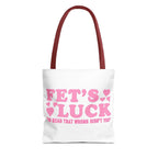 Pink heart tote bag with cheeky fun design and multiple handle colors