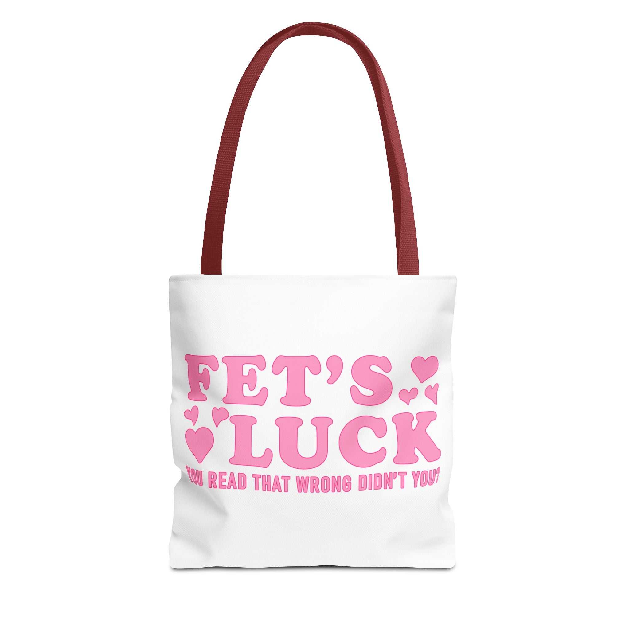 Pink heart tote bag with cheeky fun design and multiple handle colors