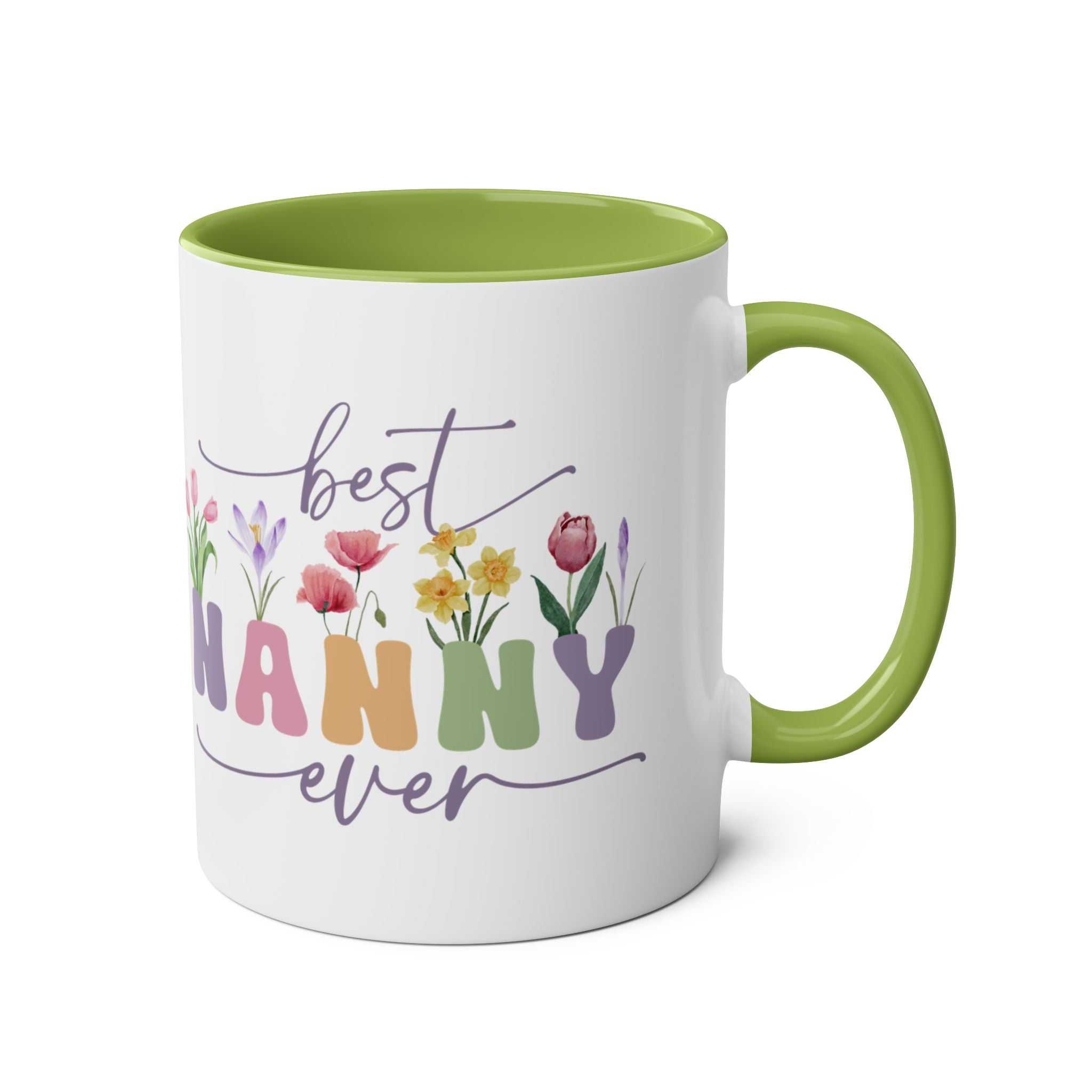Best Nanny Ever Mother's Day gift mug with floral design and green interior.