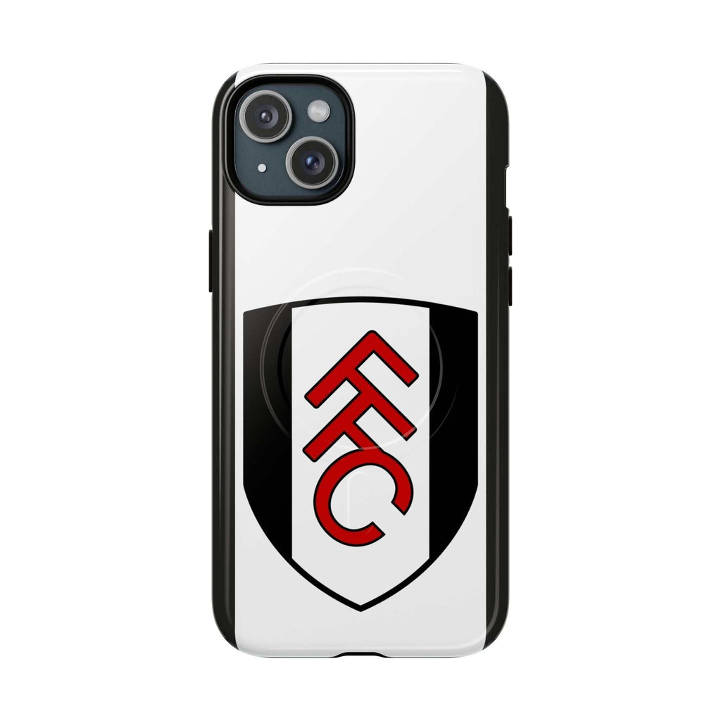 Fulham FC MagSafe iPhone case with black and white club colors, protective dual-layer design, and MagSafe compatibility