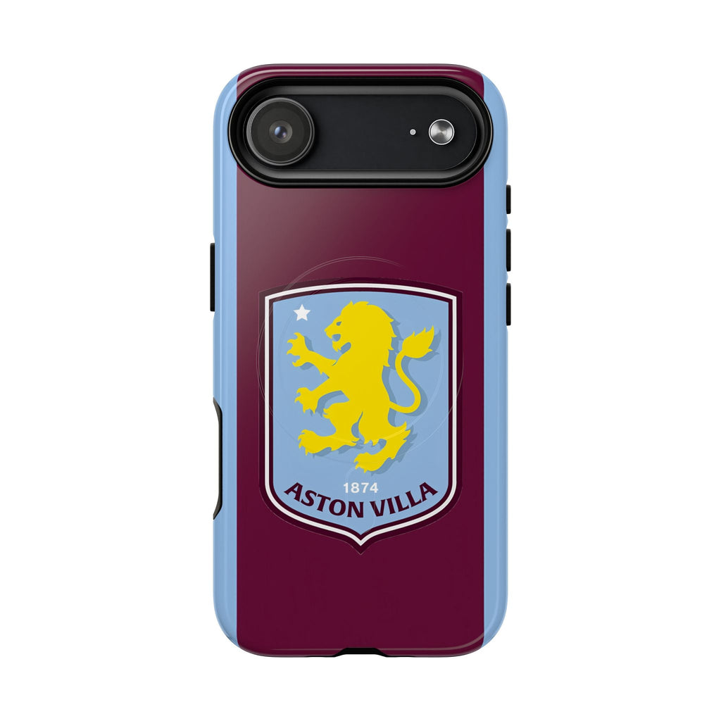 Aston Villa MagSafe iPhone case with claret and blue colors and club crest, dual-layer shock-absorbing protection, and MagSafe compatibility