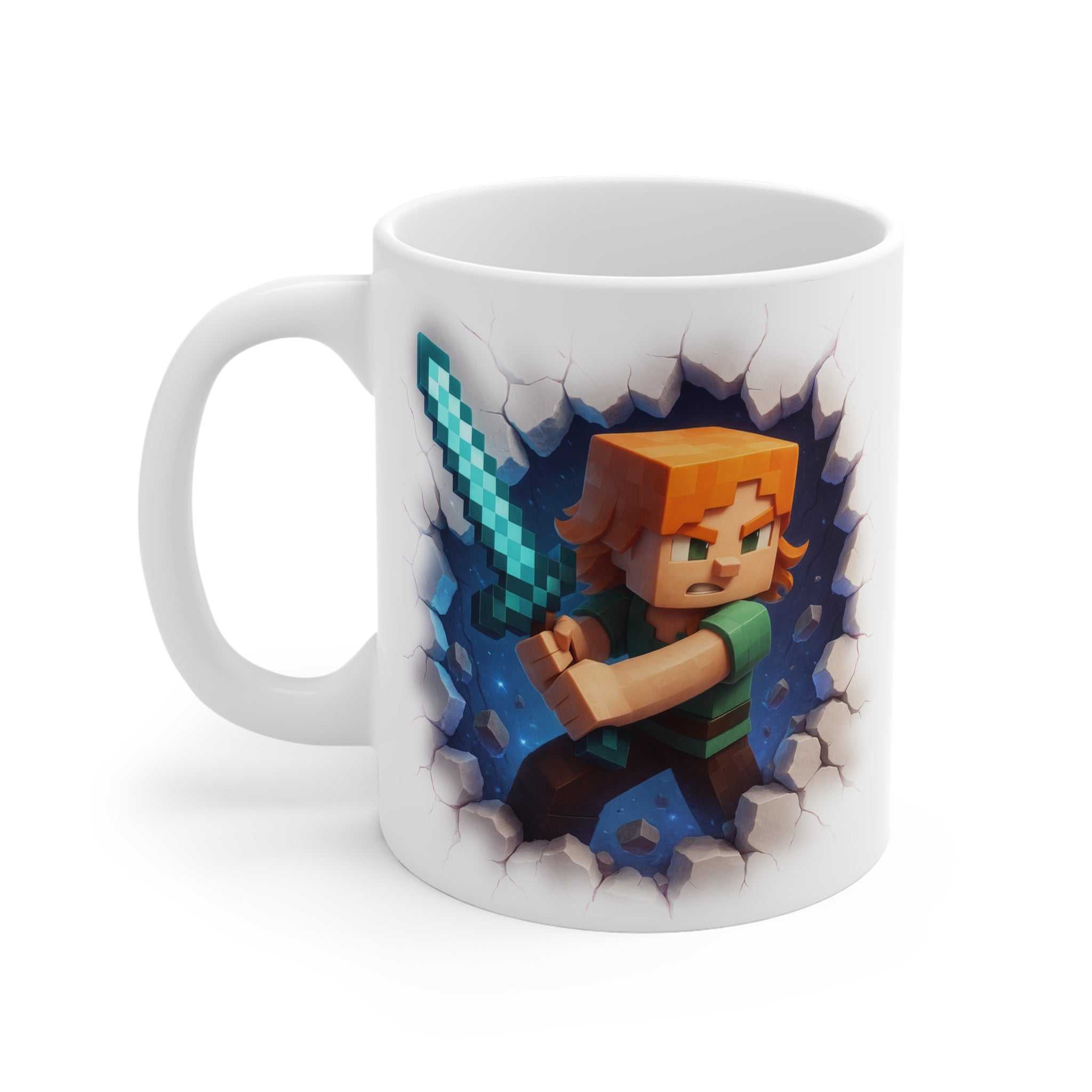 White ceramic mug featuring a Minecraft Alex inspired pixelated design with a sword, glossy finish, microwave and dishwasher safe.