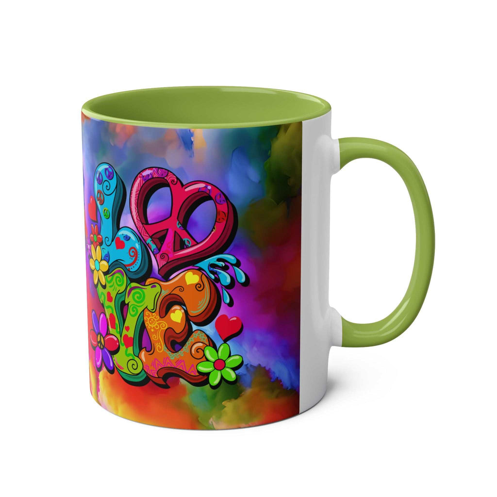 LGBTQ+ Pride mug with vibrant rainbow design and peace symbol, ceramic, glossy finish.