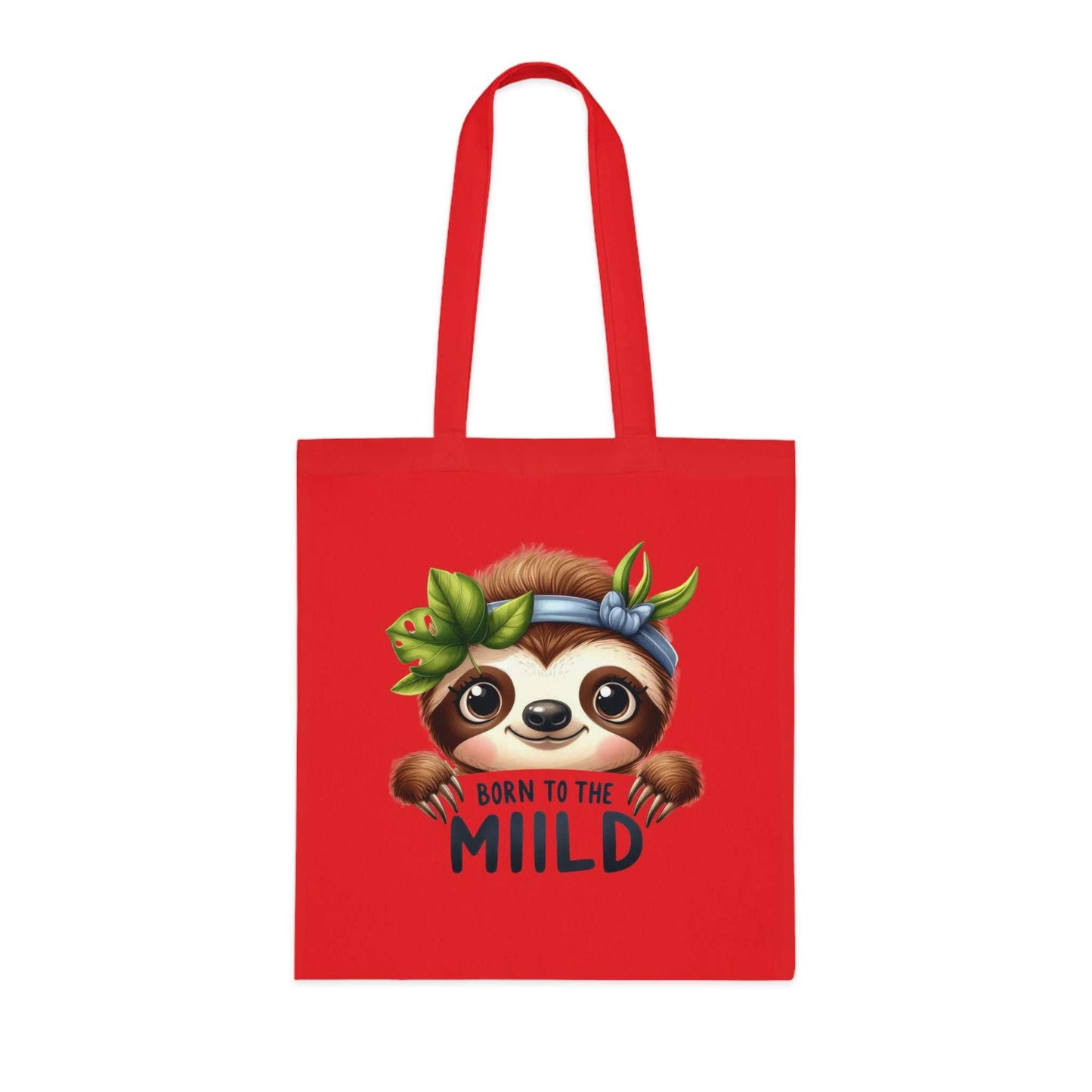 Cute sloth cotton tote bag with handles, vibrant colors, and fun design.