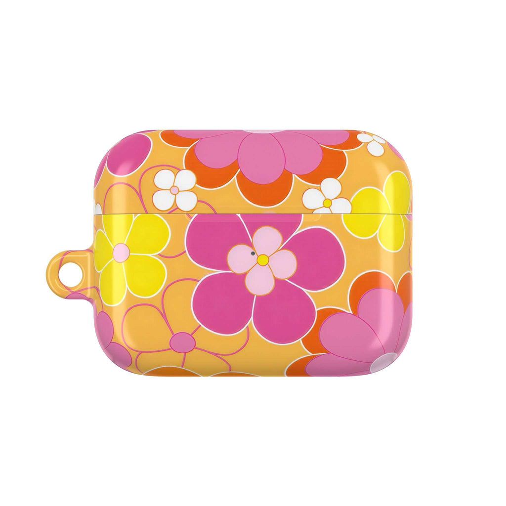 Retro floral pattern hard shell AirPods protective case with vibrant pink, orange, and yellow flowers