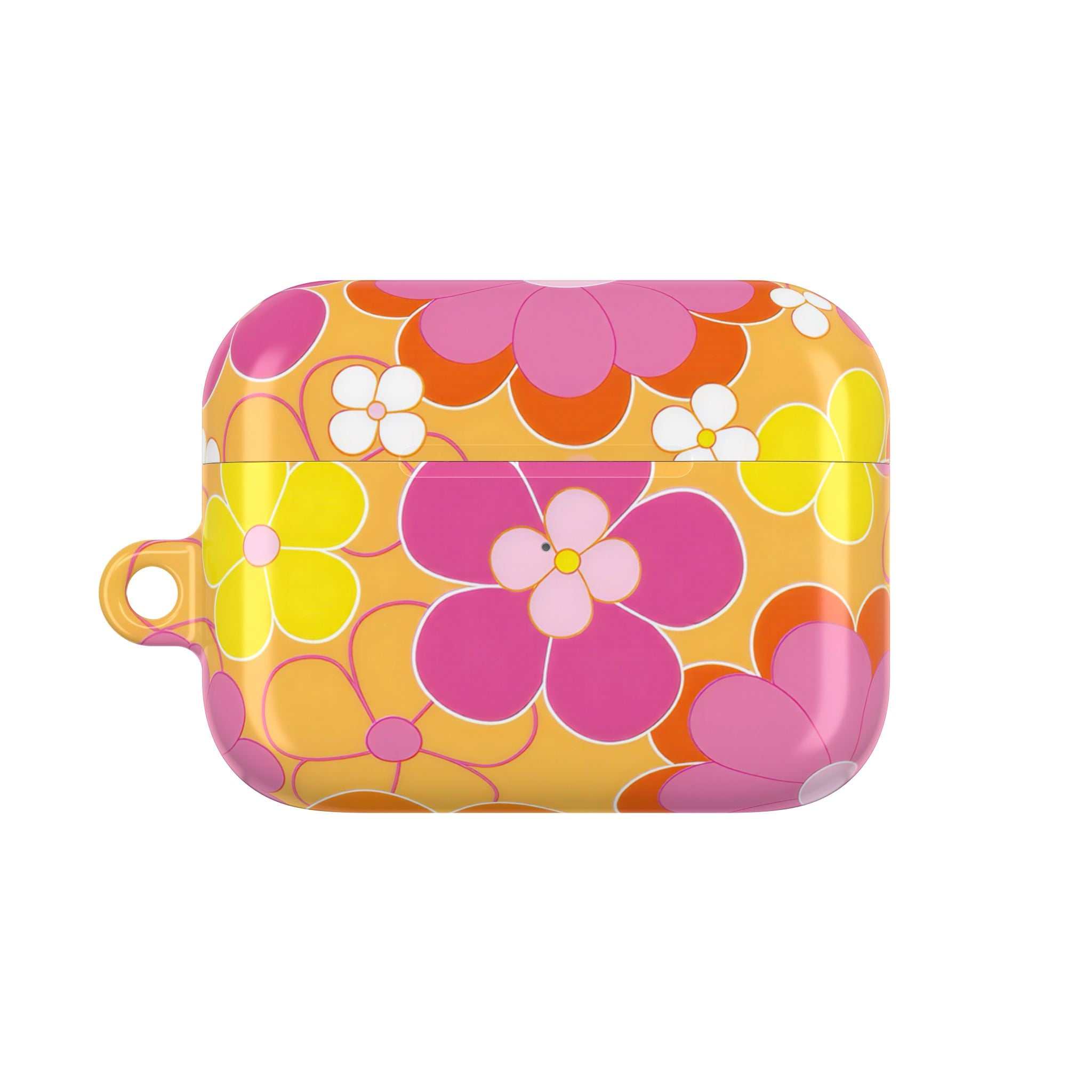 Retro floral pattern hard shell AirPods protective case with vibrant pink, orange, and yellow flowers