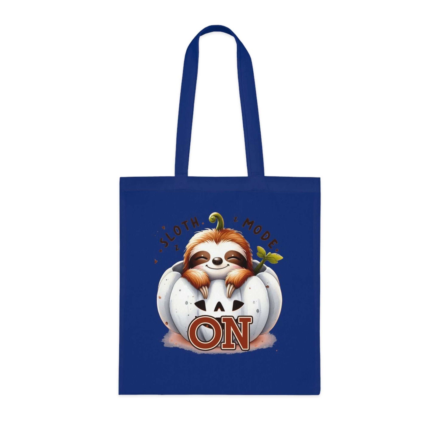 Cute sloth design cotton tote bag with vibrant colors, perfect for everyday use.