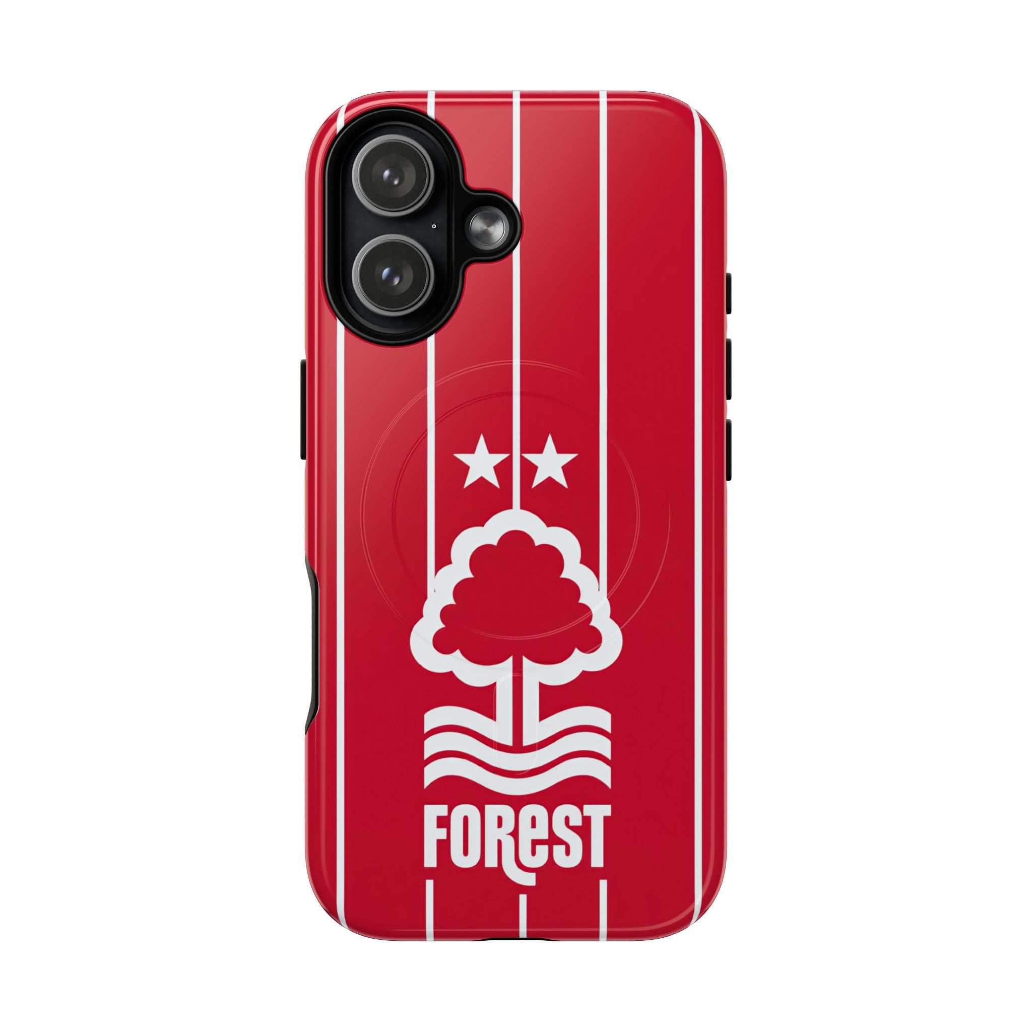 Nottingham Forest Magsafe iPhone Case with red stripes and white club crest, dual-layer protection and MagSafe compatible