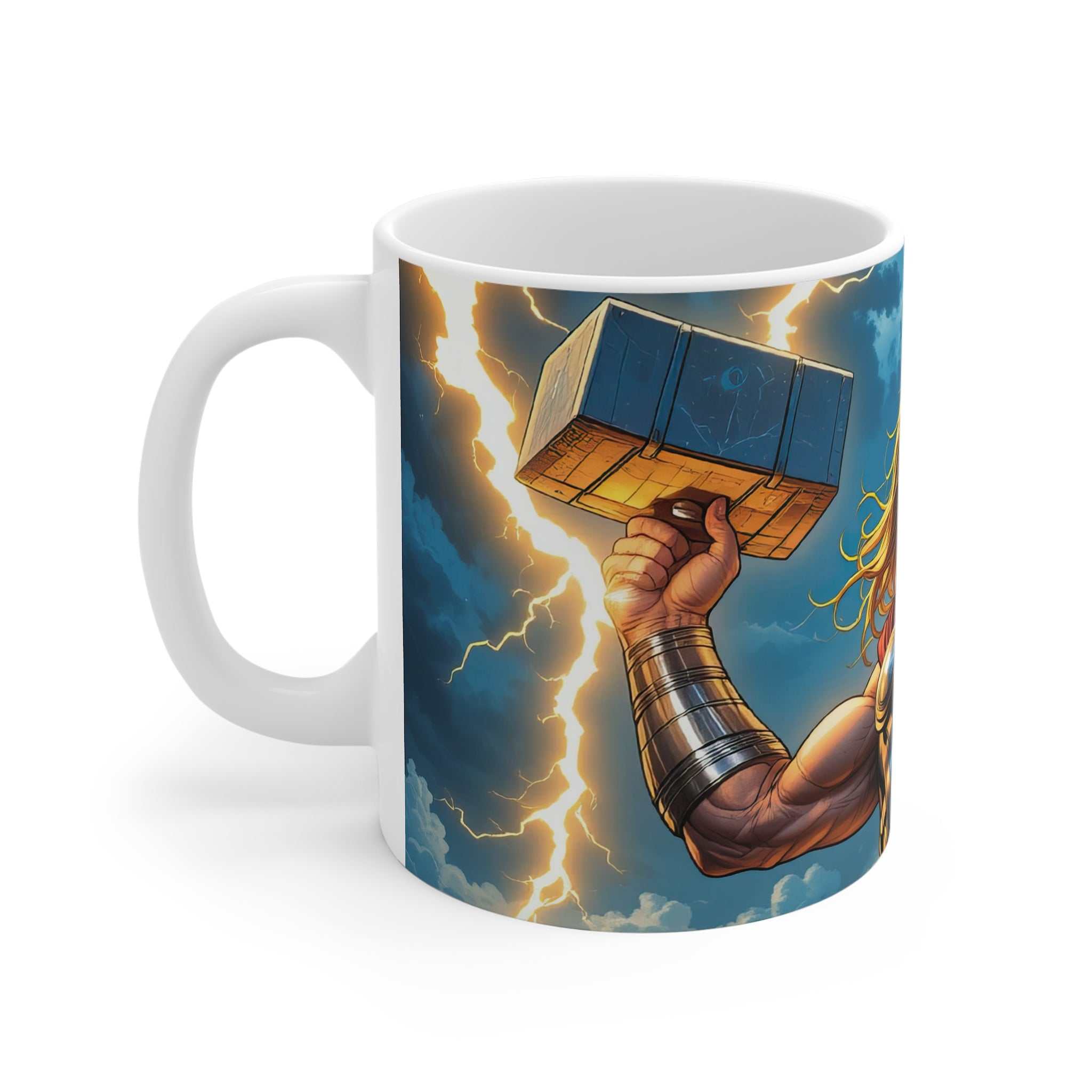 White ceramic coffee mug featuring a vibrant Thor Hero Superhero design with lightning and Mjolnir, microwave and dishwasher safe.
