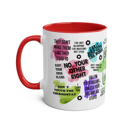 Fun Fathers Day Gift Mug with colorful quotes, red handle, glossy finish, 11oz ceramic.