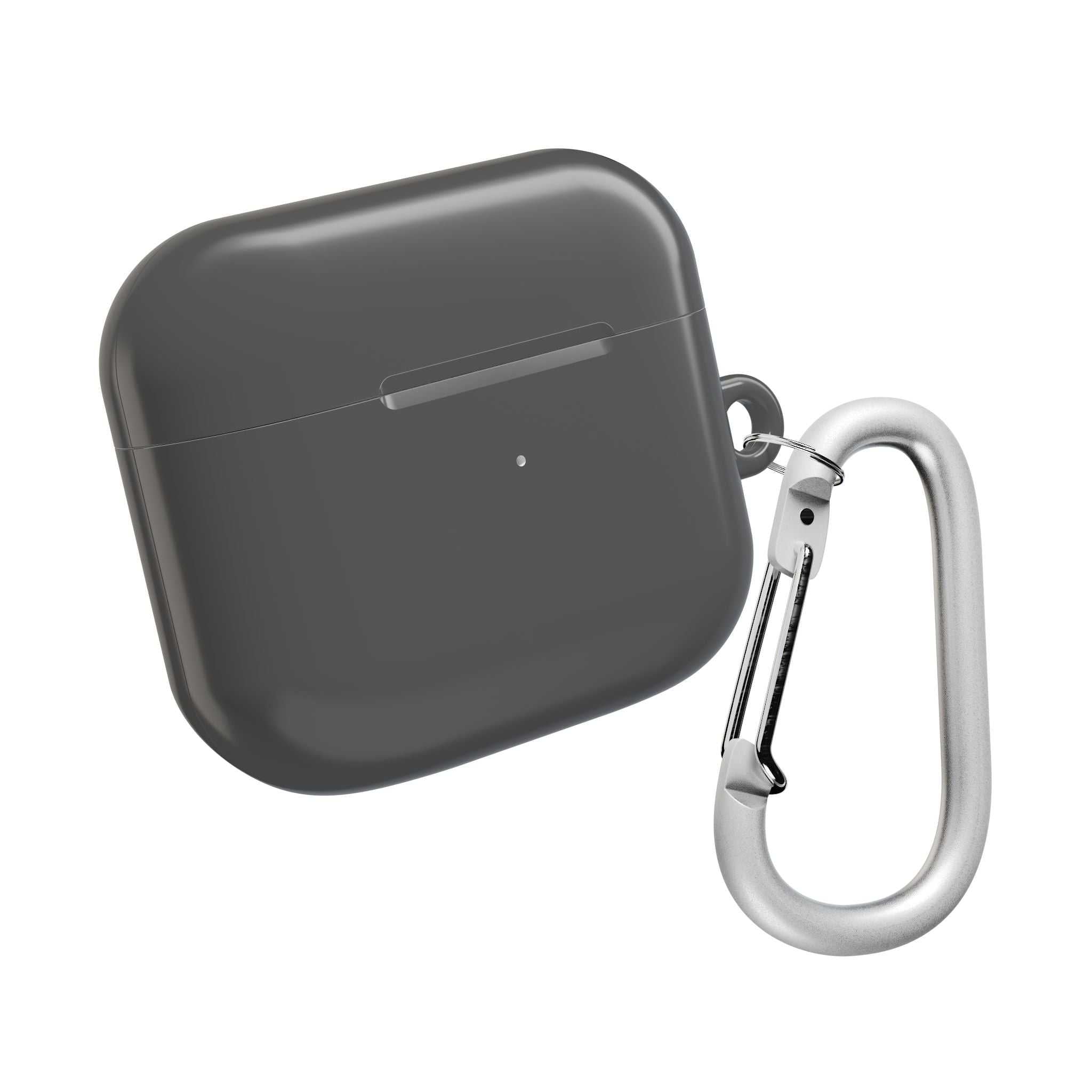 Gunmetal grey hard shell AirPods protective case with carabiner clip