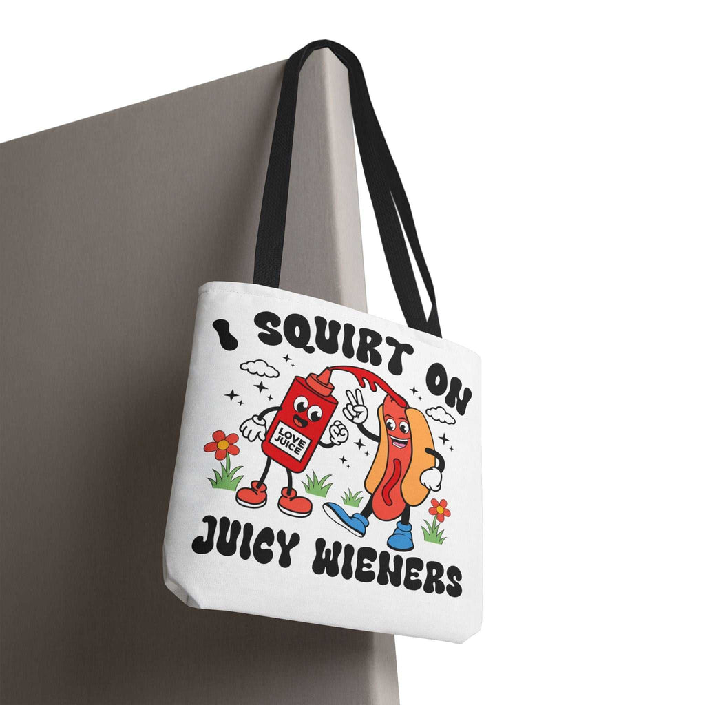 Cheeky Juicy Wieners Fun Tote Bag with hot dog print, durable and reusable tote with colored handles