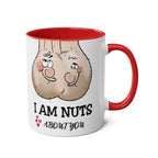 I Am Nuts About You mug with cheeky nut cartoon and red handle, 11oz ceramic coffee cup