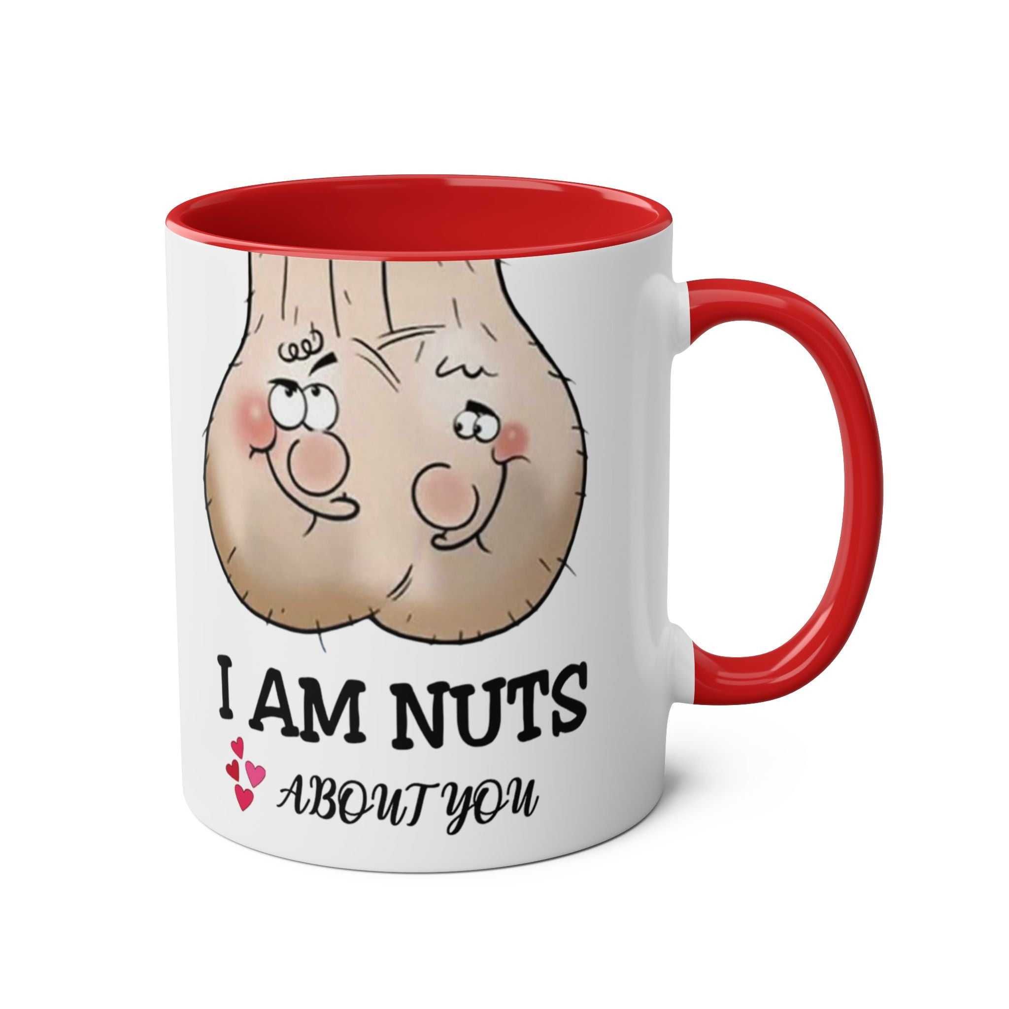 I Am Nuts About You mug with cheeky nut cartoon and red handle, 11oz ceramic coffee cup