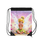 Tinkerbell drawstring bag with colorful fairy design, lightweight polyester, drawstring closure, reinforced corners, and spacious interior
