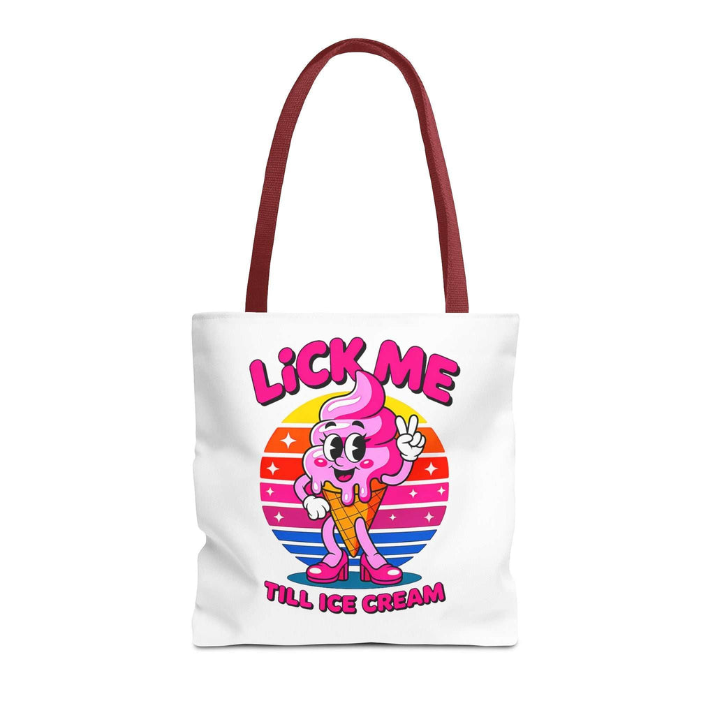 Cheeky Lick Me Till Ice Cream Tote Bag with colorful handles, durable polyester, and playful design for everyday use