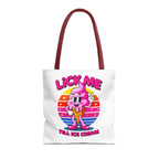 Cheeky Lick Me Till Ice Cream Tote Bag with colorful handles, durable polyester, and playful design for everyday use