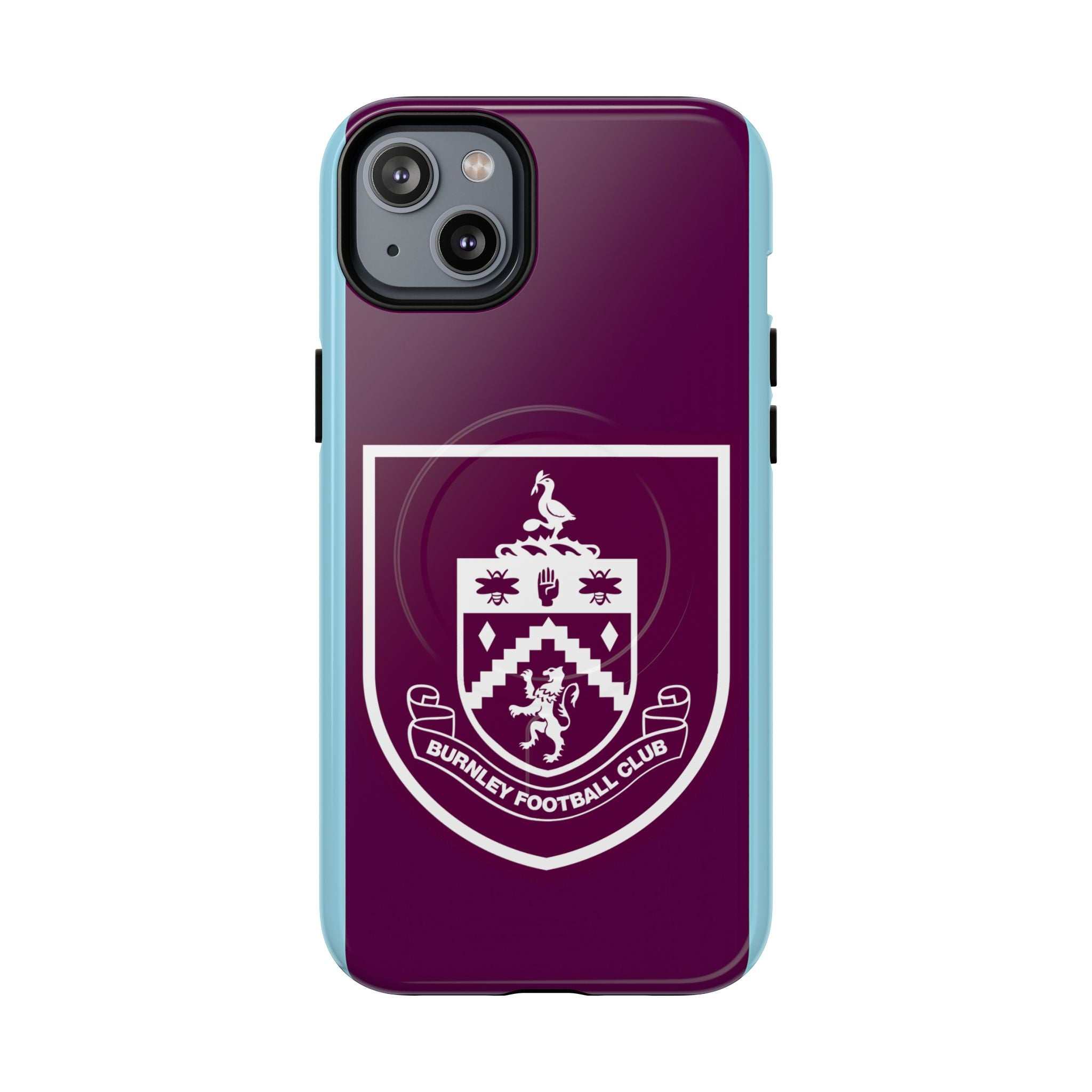 Burnley FC MagSafe iPhone Case with claret blue colors and club crest, dual-layer protection, and MagSafe compatibility