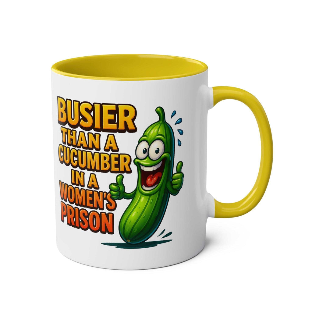 Busier Than a Cucumber coffee mug with cheeky humorous text and colorful design
