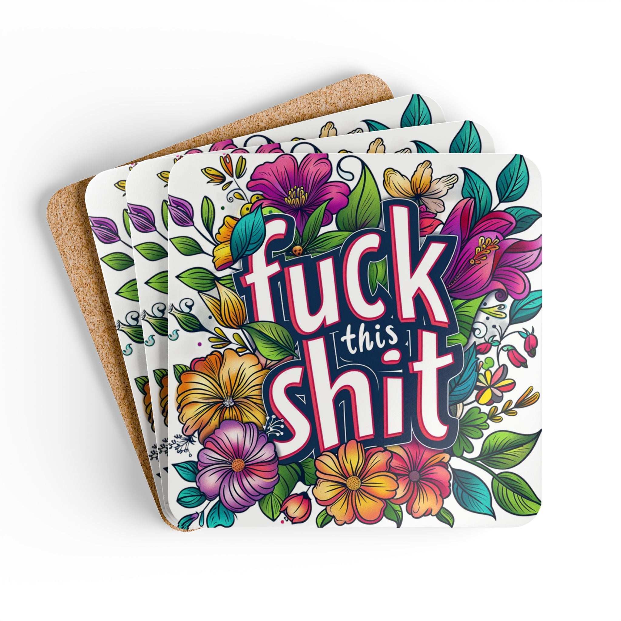 Rude floral coaster set with "Fuck This Shit" text, colorful design.