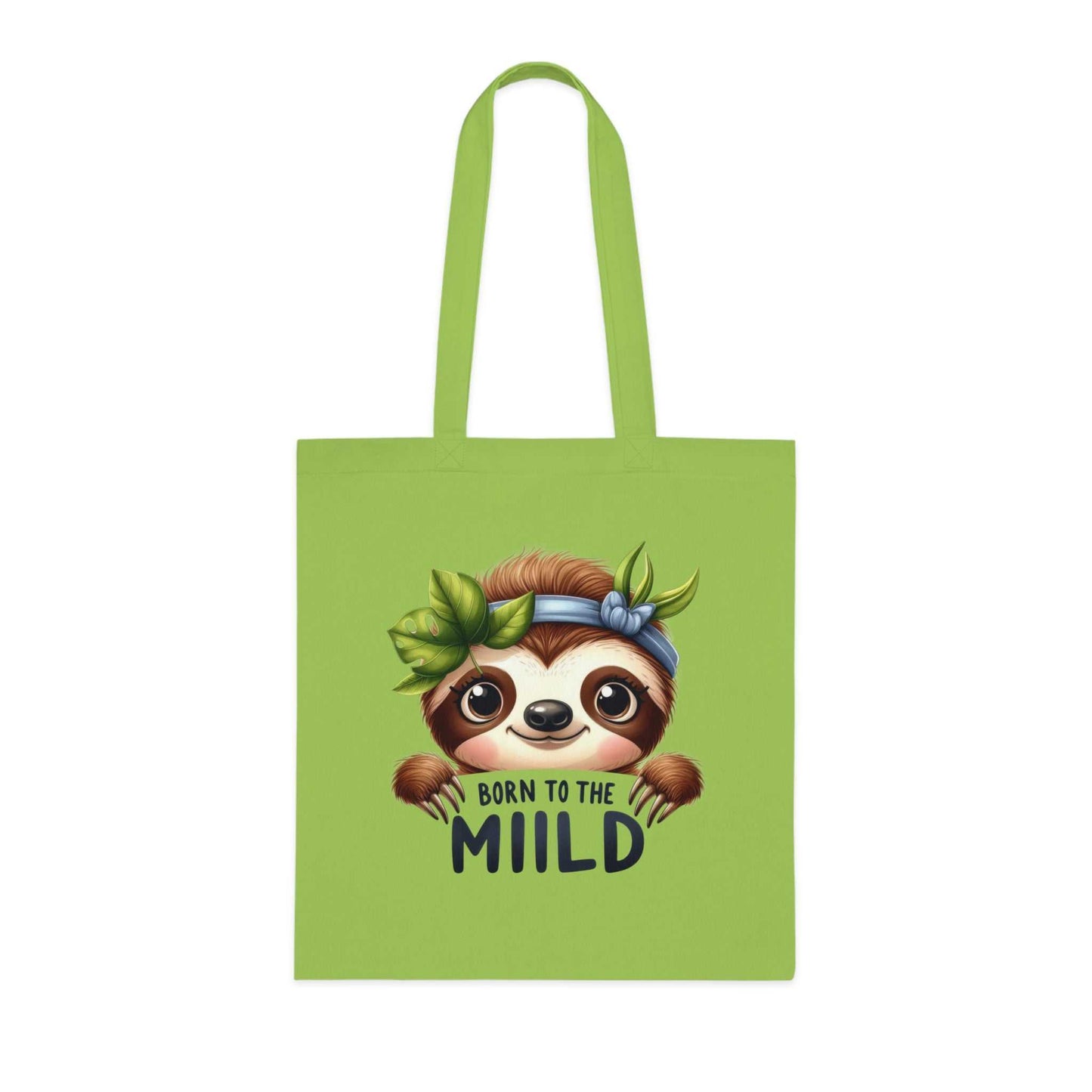 Cute sloth cotton tote bag with playful design, green color, durable fabric.