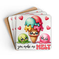 You Make Me Melt Coaster Set with high-gloss MDF and cork backing, 4-piece spill-proof coasters