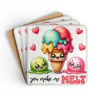 You Make Me Melt Coaster Set with playful ice cream design and heart accents.
