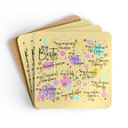 Yellow coaster set with playful text design, cork back, and rounded corners; features include water-repellent and heat-resistant properties.