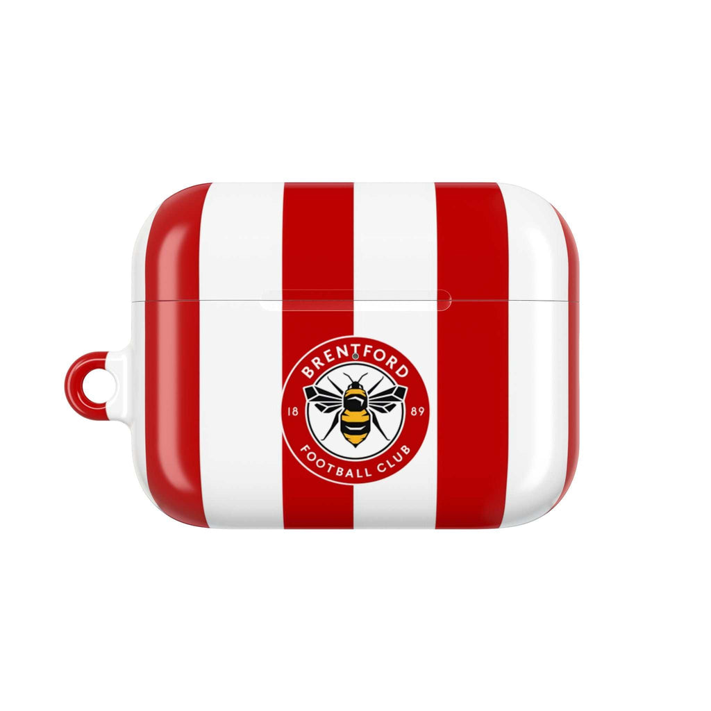 Brentford FC AirPods protective case with red and white stripes and bee crest, shock-resistant and wireless charging compatible