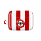 Brentford FC AirPods protective case with red and white stripes and bee crest, shock-resistant and wireless charging compatible
