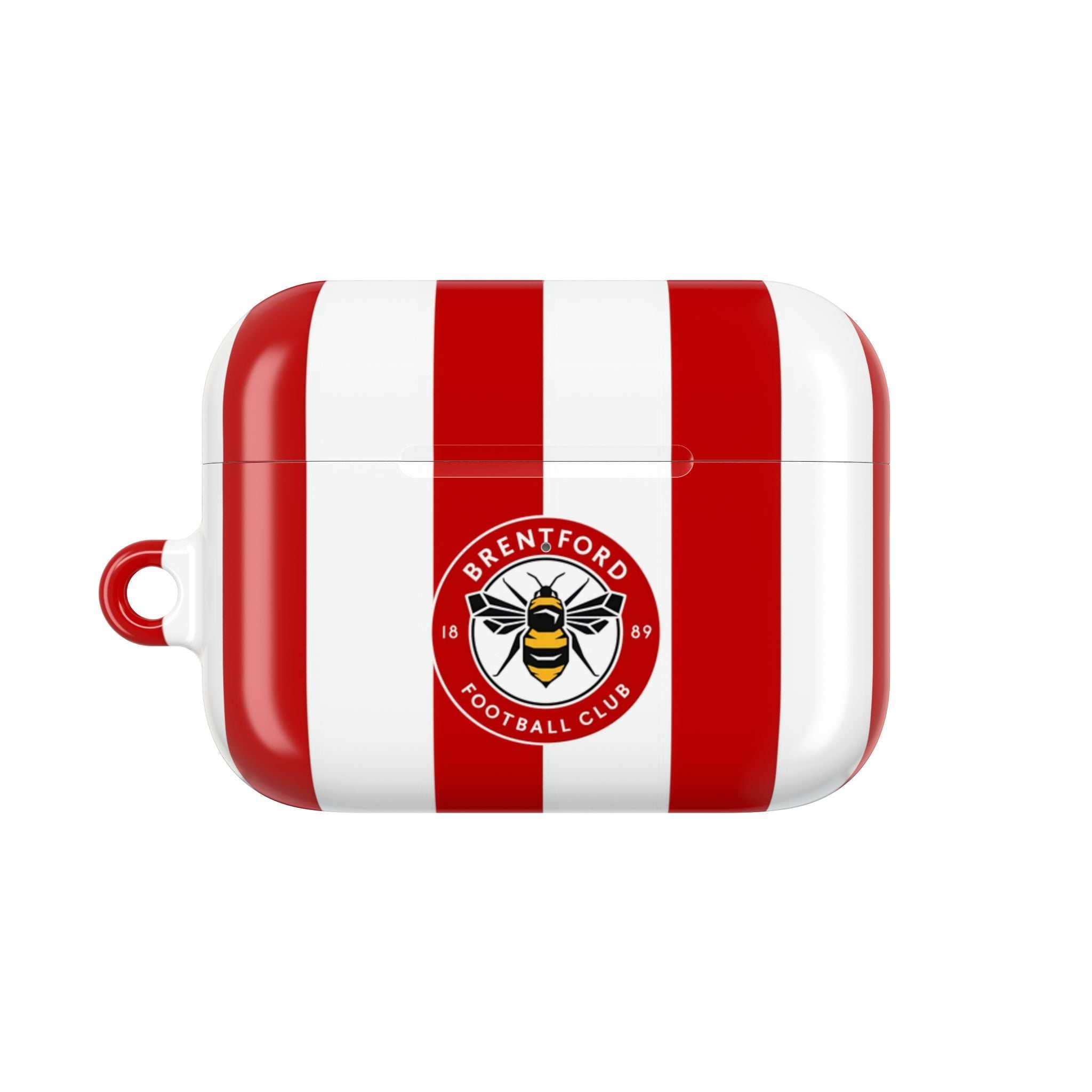 Brentford FC AirPods protective case with red and white stripes and bee crest, shock-resistant and wireless charging compatible